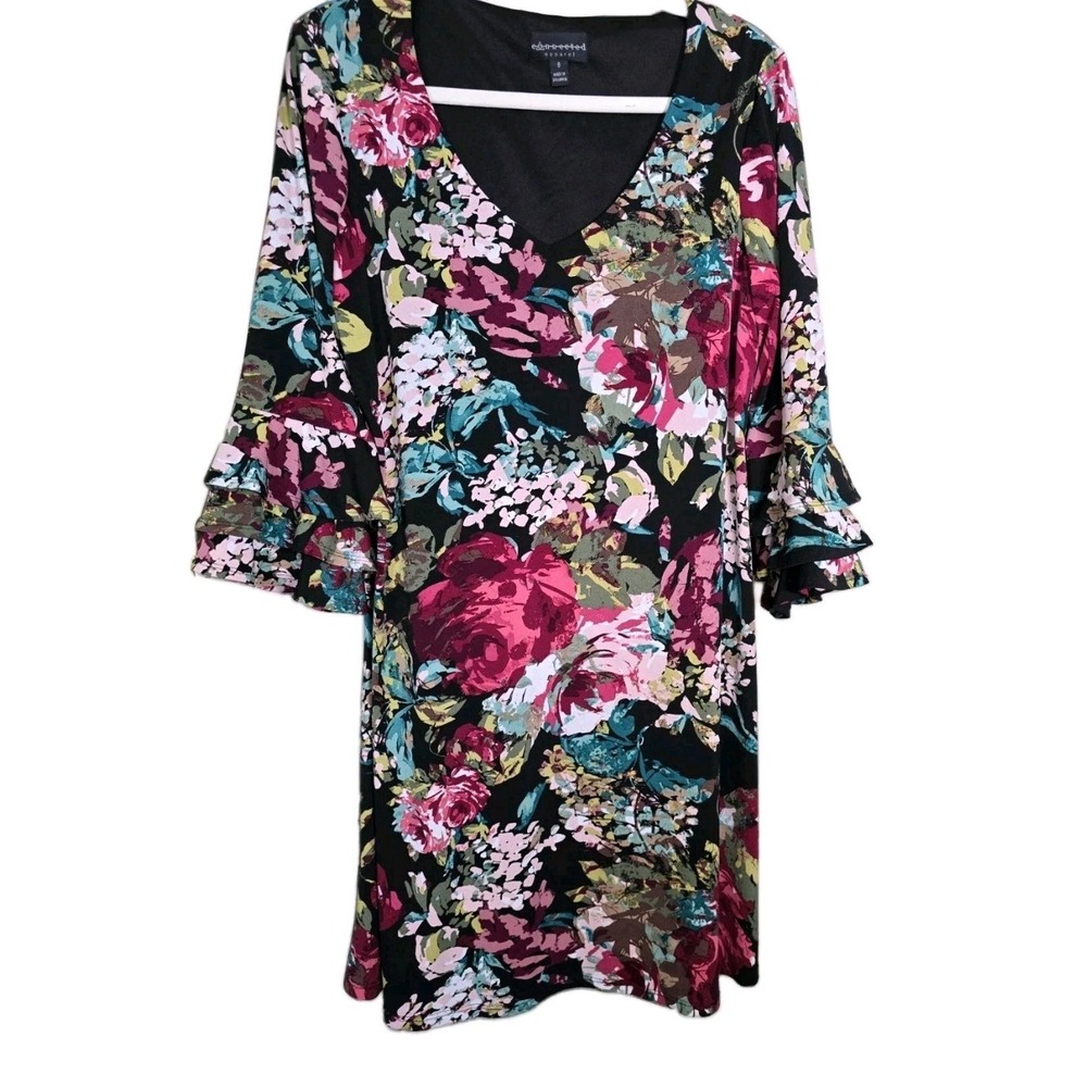 Women's Connected Apparel Dark Floral Bell Sleeve Dress Size 8, V Neck, Flowy